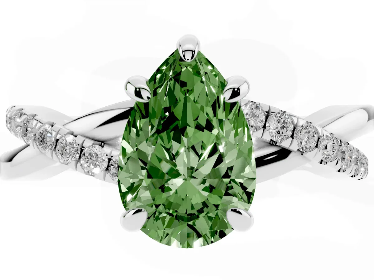 Fancy Green Pear Cut Cut Diamond Twist Band Solitaire with Prong Setting Silver