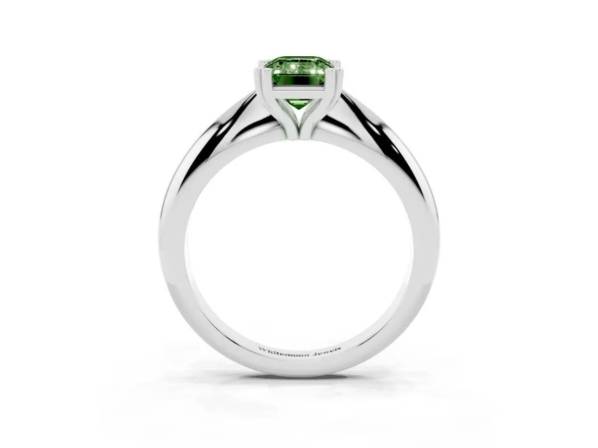 Fancy Green Emerald Cut Cut Solitaire Engagement Ring with Tapered Band and Four-Prong Setting White gold
