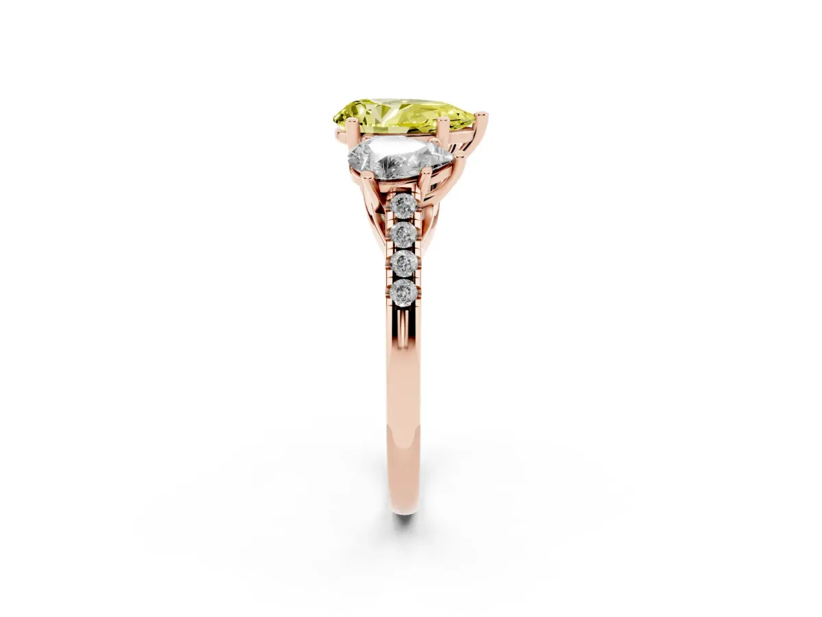 Fancy Yellow Three-Stone Pear Cut Diamond Ring with Round Pavé Band and Prong Setting Rose gold