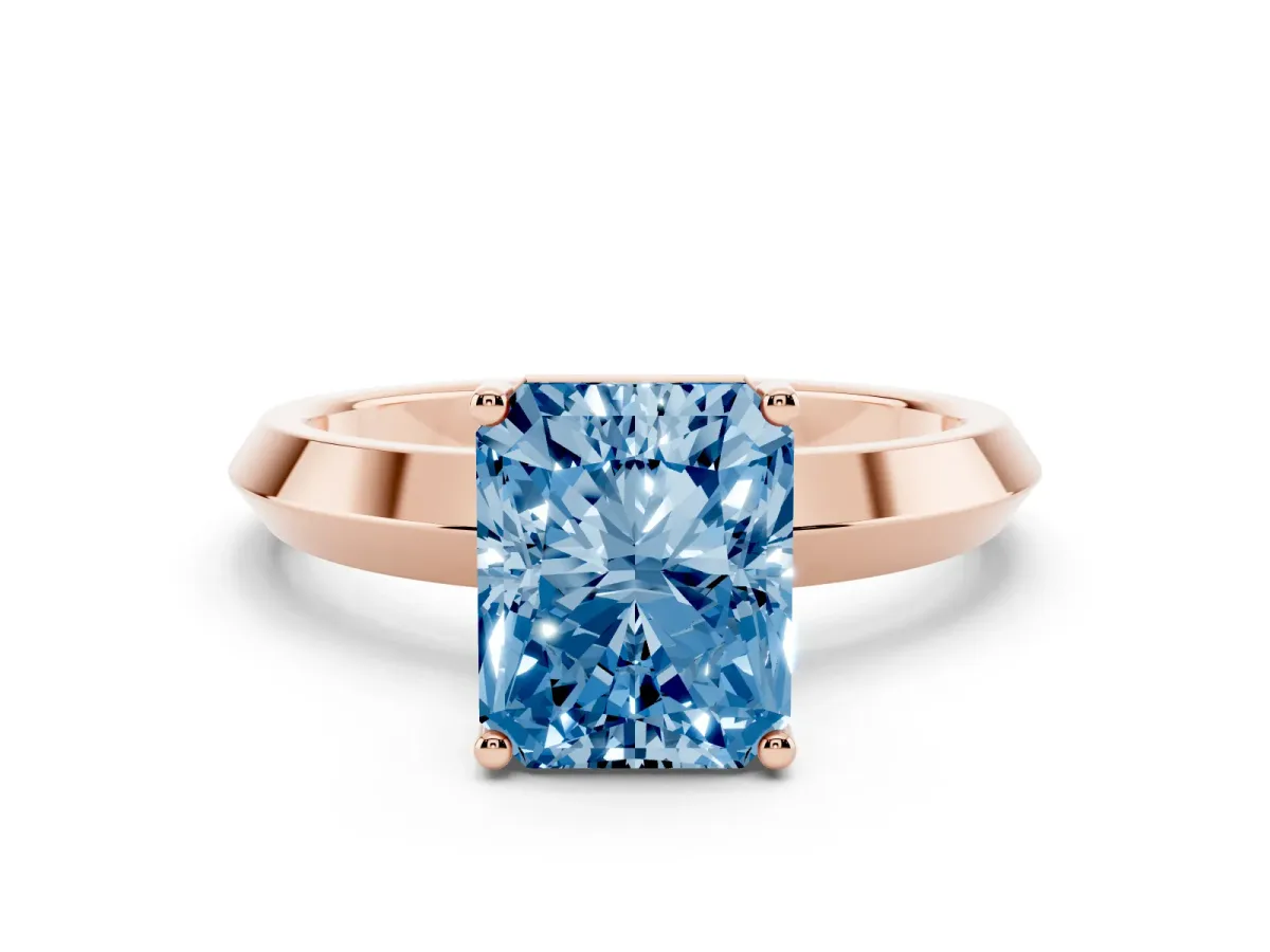 Fancy Blue Radiant Cut Cut Solitaire Engagement Ring with Flat Band and Four-Prong Setting Rose gold