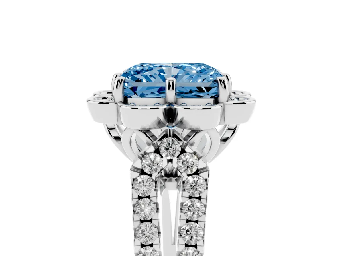 Fancy Blue Radiant Cut Halo Diamond Floral Split Shank Engagement Ring Silver