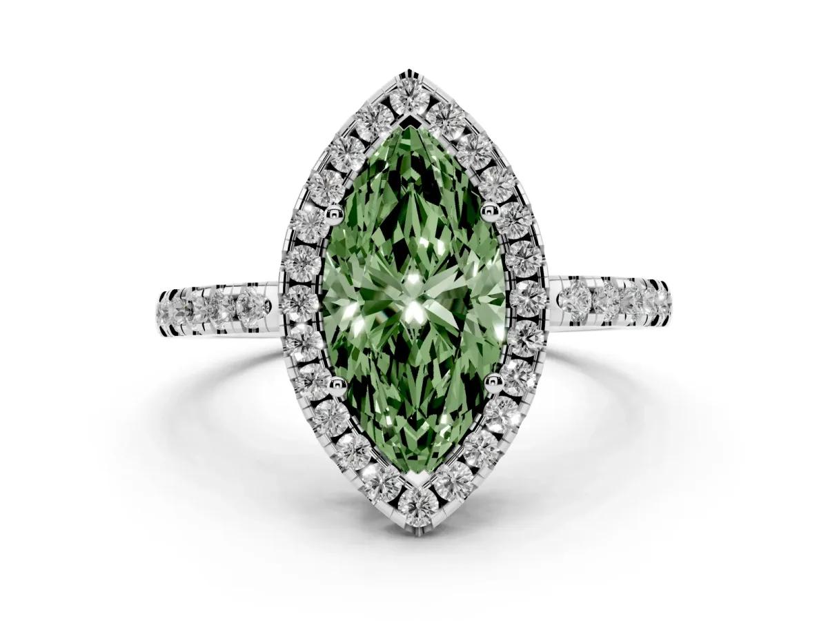 Fancy Green Marquise Cut Halo Diamond Engagement Ring with Pavé Band and Four-Prong Setting Silver