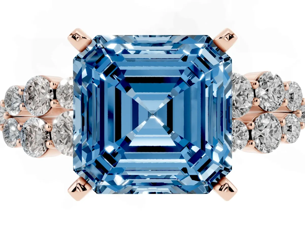 Fancy Blue Asscher Cut Cluster Diamond Engagement Ring with Pavé Band and Four-Prong Setting Rose gold