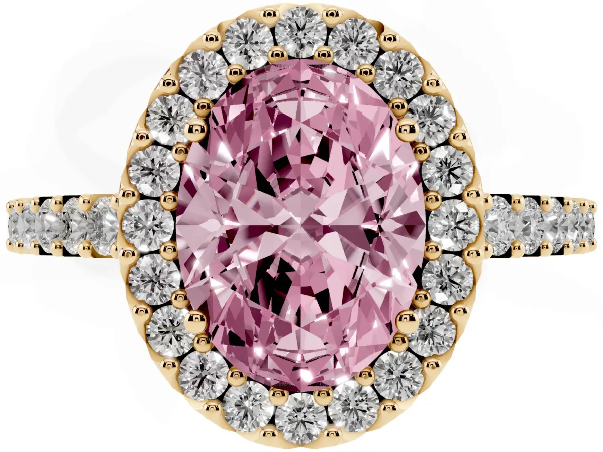 Fancy Pink Oval Cut Halo Diamond Pavé Solitaire Ring Yellow gold
