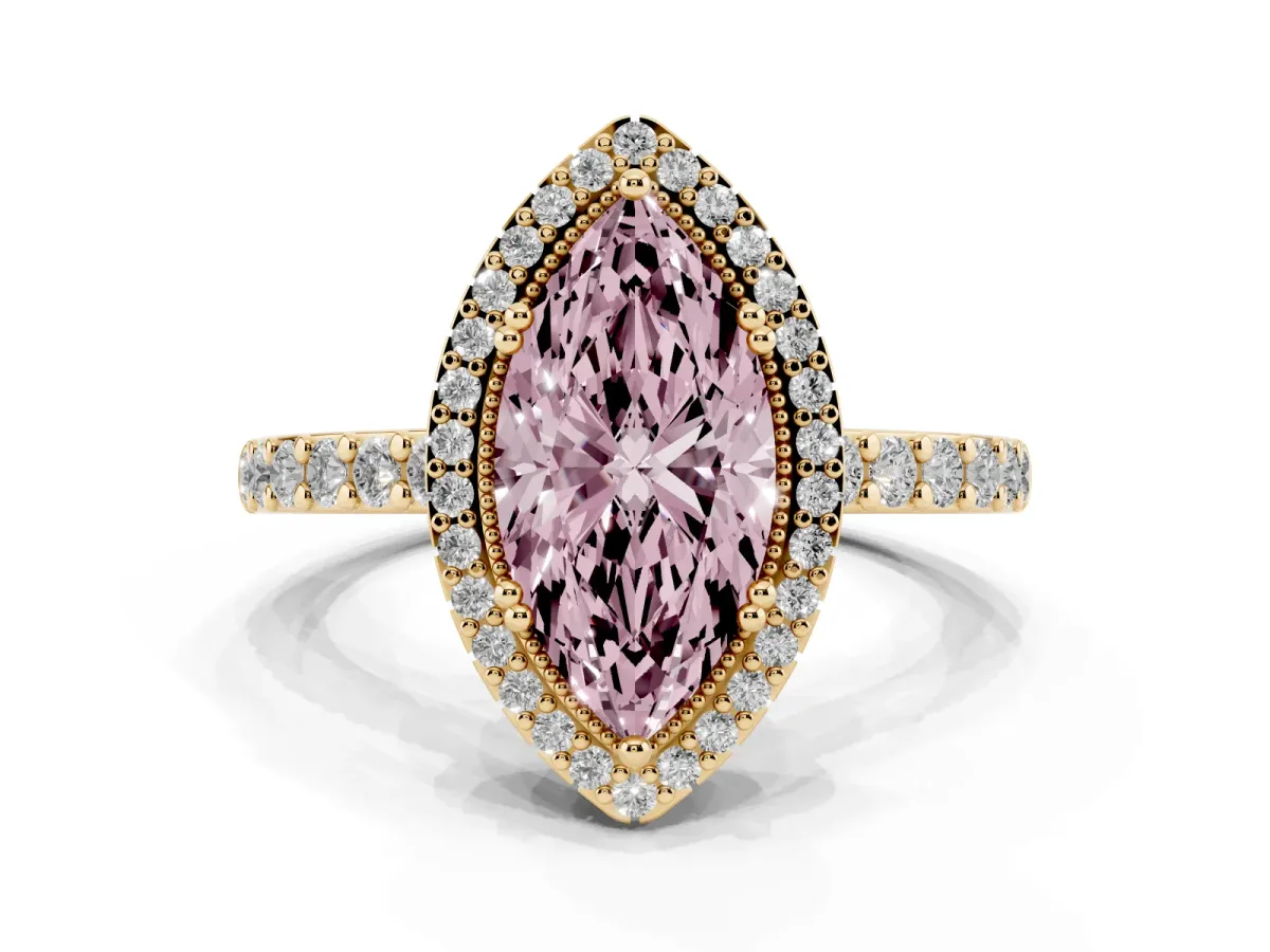 Fancy Pink Marquise Cut Cut Diamond Halo Engagement Ring with Milgrain Detail and Pavé Band Yellow gold