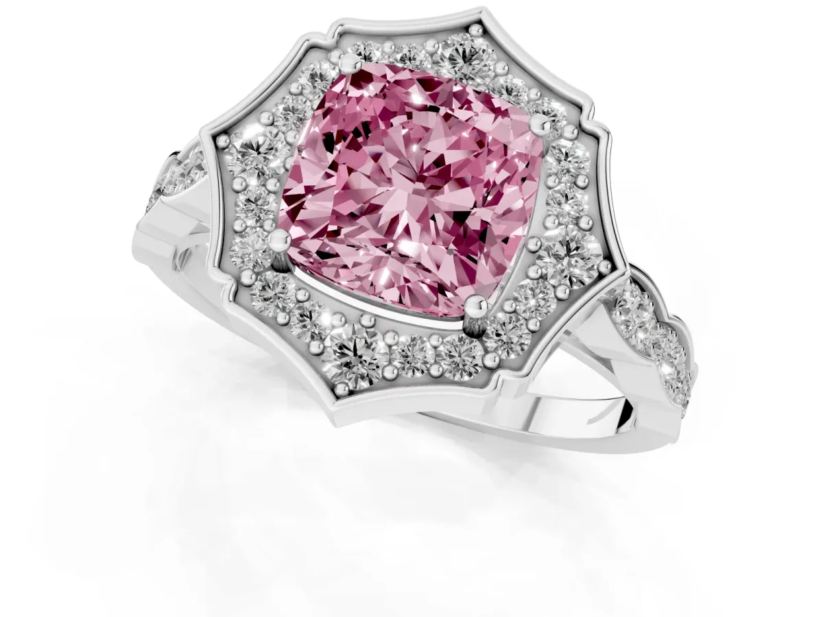 Fancy Pink Cushion Cut Halo Diamond Engagement Ring with Milgrain Band and Four-Prong Setting Silver