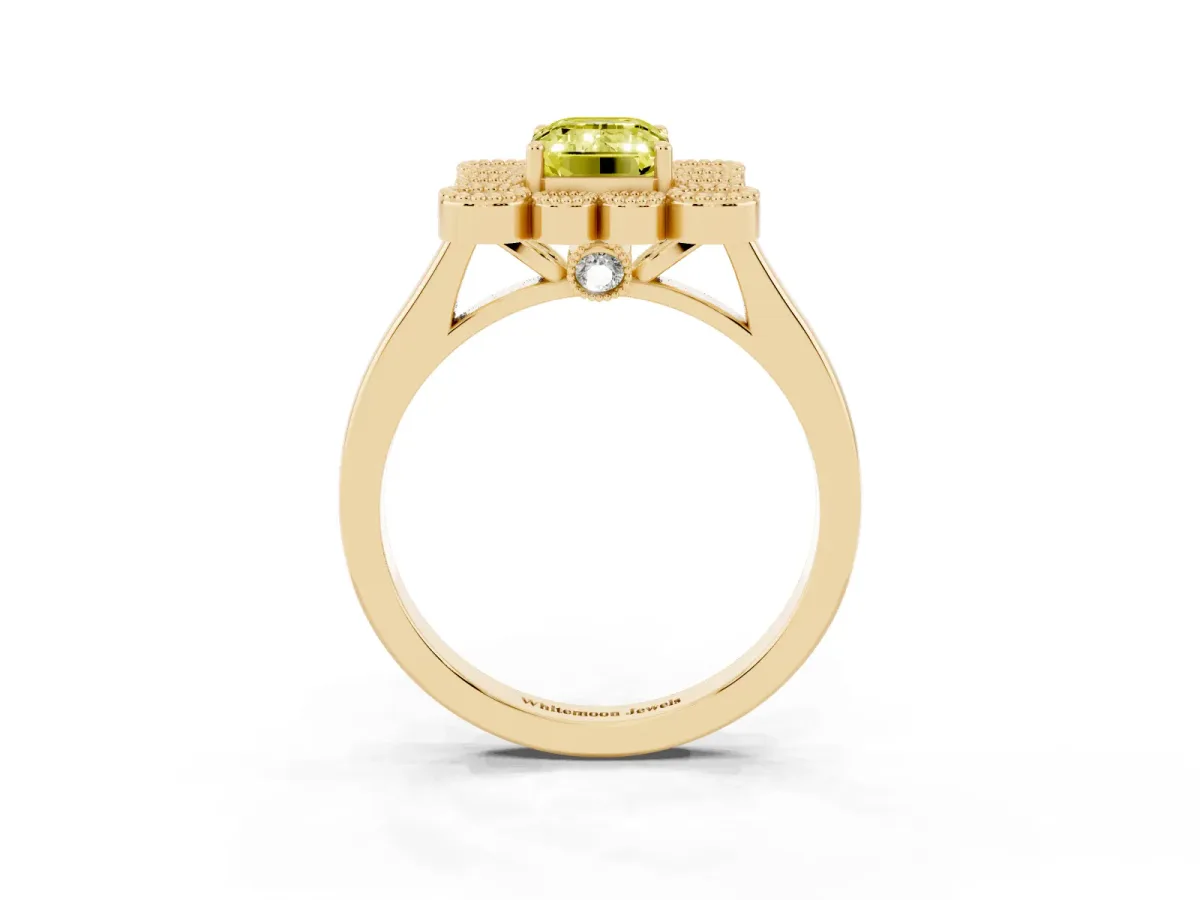 Fancy Yellow Emerald Cut Halo Diamond Cluster Engagement Ring with Milgrain Bezel Setting and Solitaire Band Yellow gold