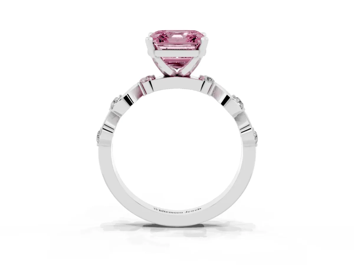 Fancy Pink Asscher Cut Diamond Solitaire Twisted Band with Round Accents and Prong Setting Silver
