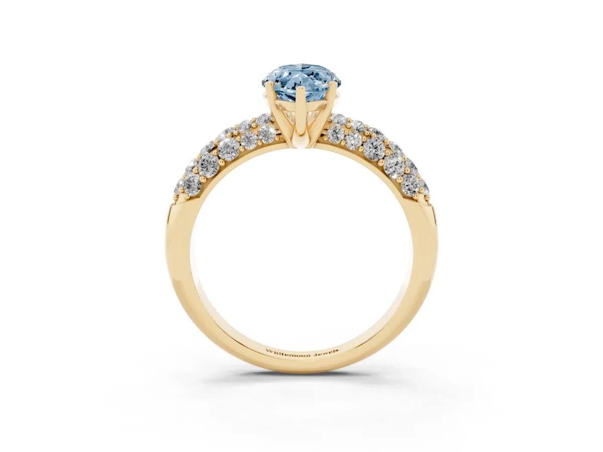 Fancy Blue Marquise Cut Diamond Pavé Band Solitaire Ring with Four-Prong Setting Yellow gold
