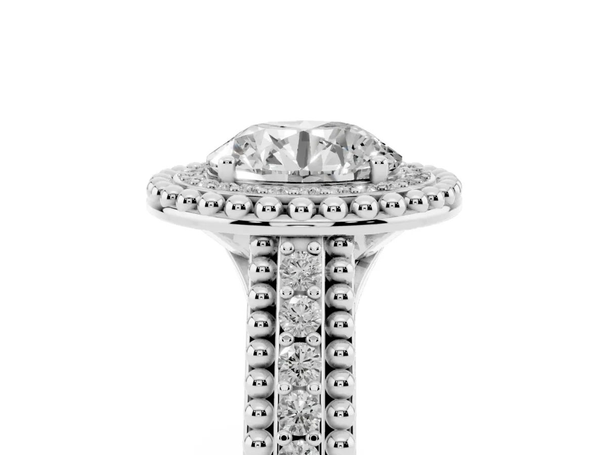 Round Cut Halo Diamond Ring with Beaded Split Shank and Four-Prong Setting Platinum