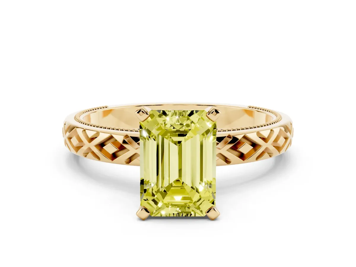 Fancy Yellow Emerald Cut Solitaire Diamond Ring with Milgrain and Black Enamel X Pattern Band Yellow gold