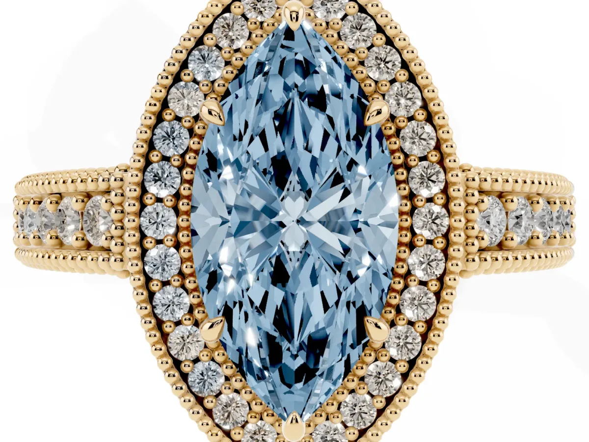 Fancy Blue Marquise Cut Cut Halo Diamond Ring with Pavé Band and Four-Prong Setting Yellow gold