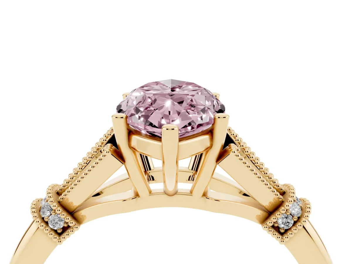Fancy Pink Marquise Cut Diamond Solitaire Ring with Floral Filigree and Pave Accents Yellow gold