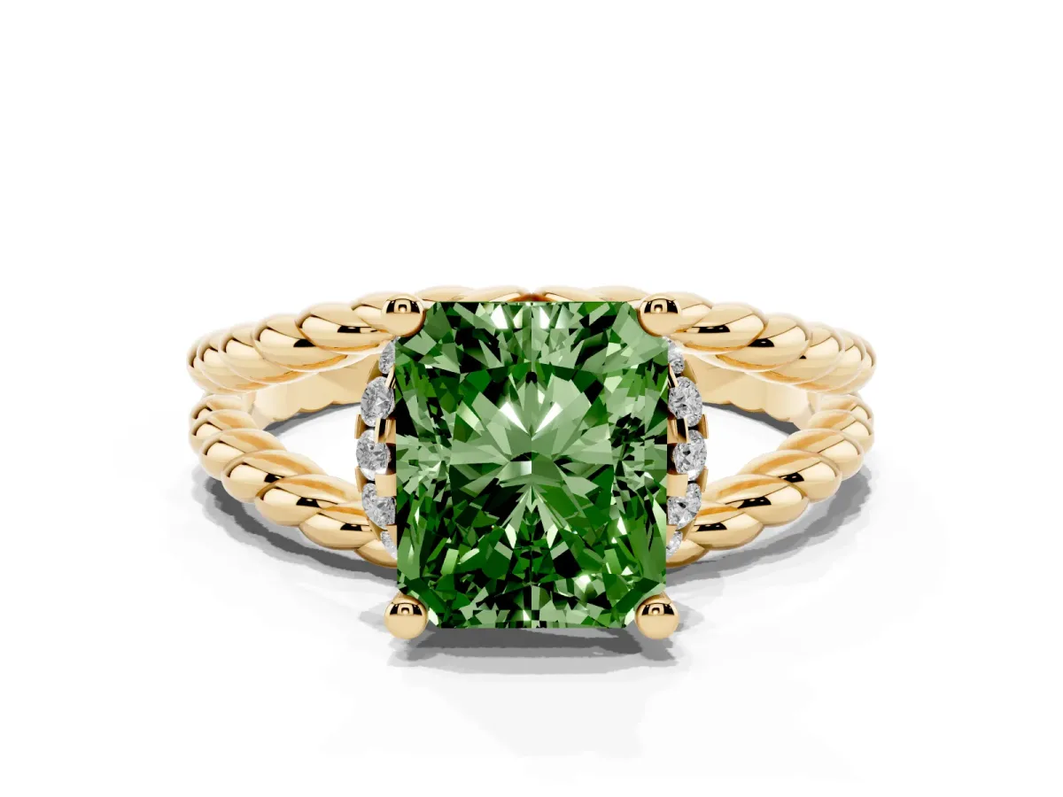 Fancy Green Radiant Cut Halo Twisted Band Four-Prong Ring Yellow gold