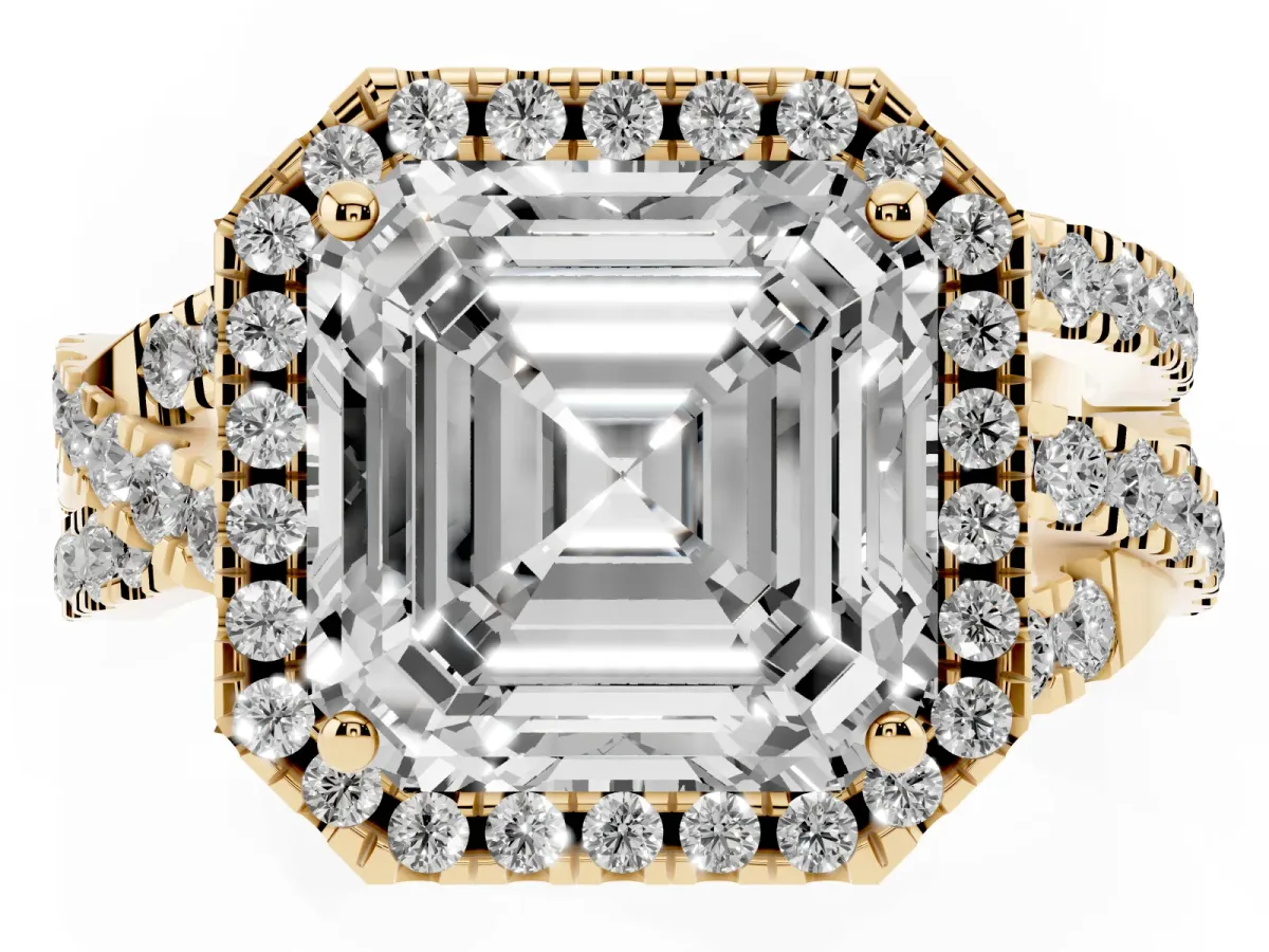 Asscher Cut Diamond Halo Ring with Round Split Shank and Prong Setting Yellow gold