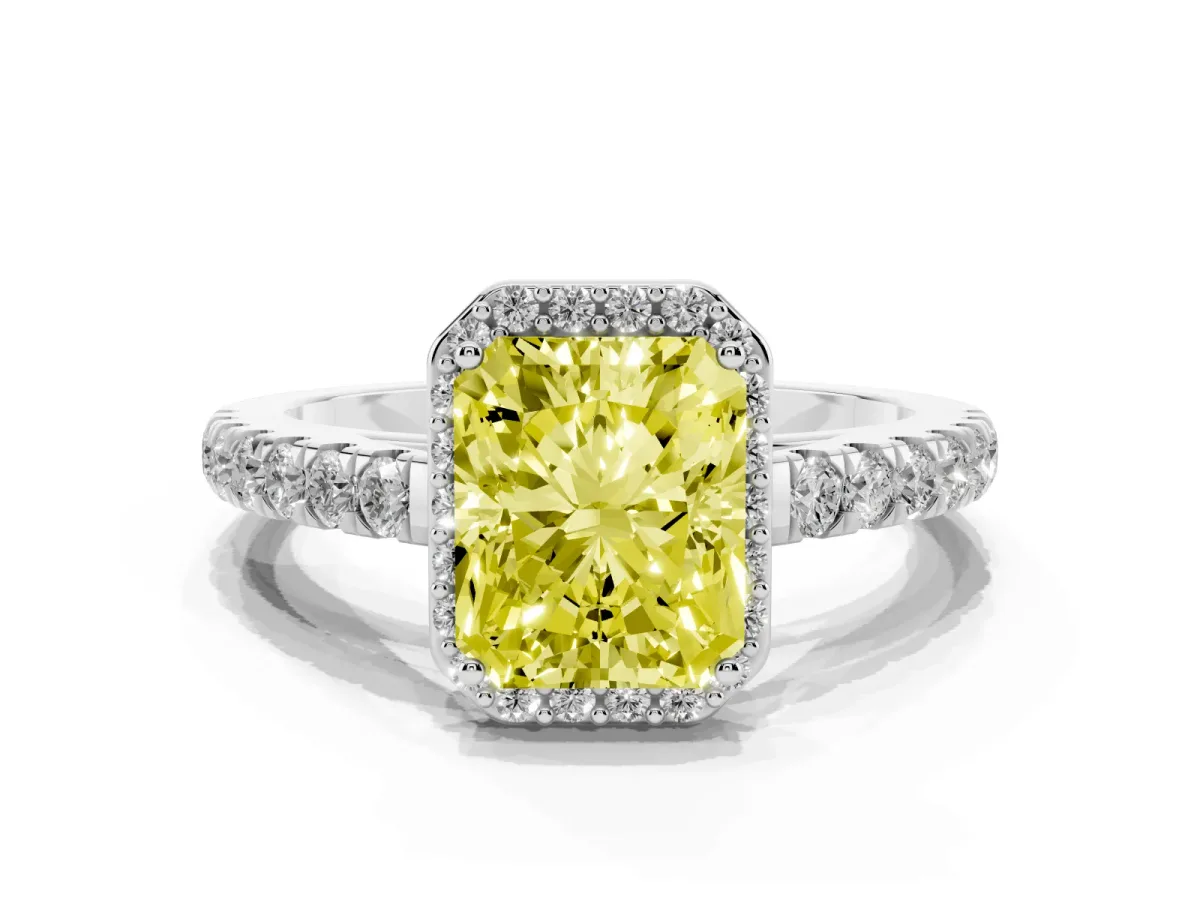 Fancy Yellow Radiant Cut Cut Halo Diamond Engagement Ring with Pave Band and Four-Prong Setting Platinum