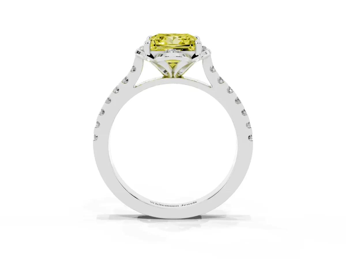 Fancy Yellow Princess Cut Diamond Ring with Pavé Band and Floral Prong Setting Silver
