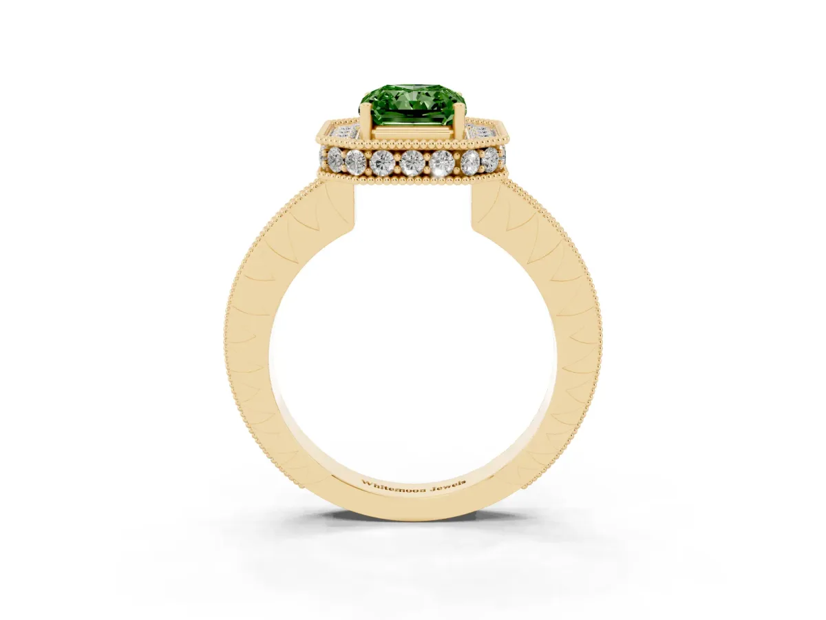 Fancy Green Radiant Cut Diamond Milgrain Halo Engagement Ring with Round Pavé Band and Prong Setting Yellow gold