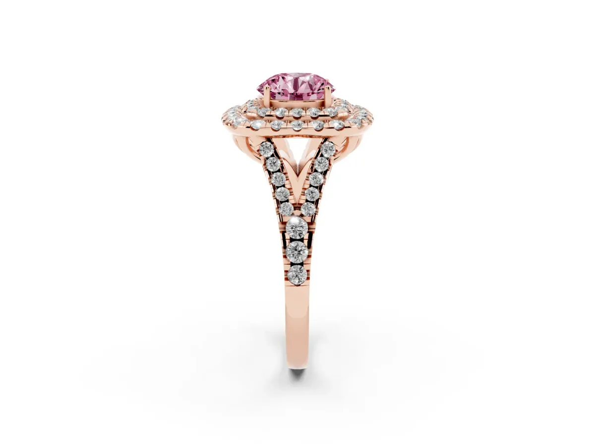 Fancy Pink Double Halo Round Cut Diamond Pavé Split Shank Ring with Prong Setting Rose gold