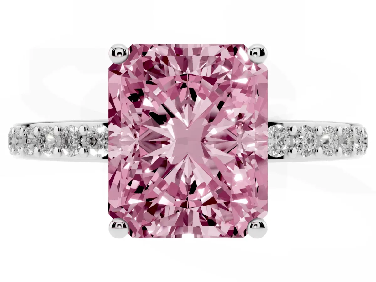 Fancy Pink Radiant Cut Cut Diamond Pavé Band Ring with Four-Prong Setting Silver