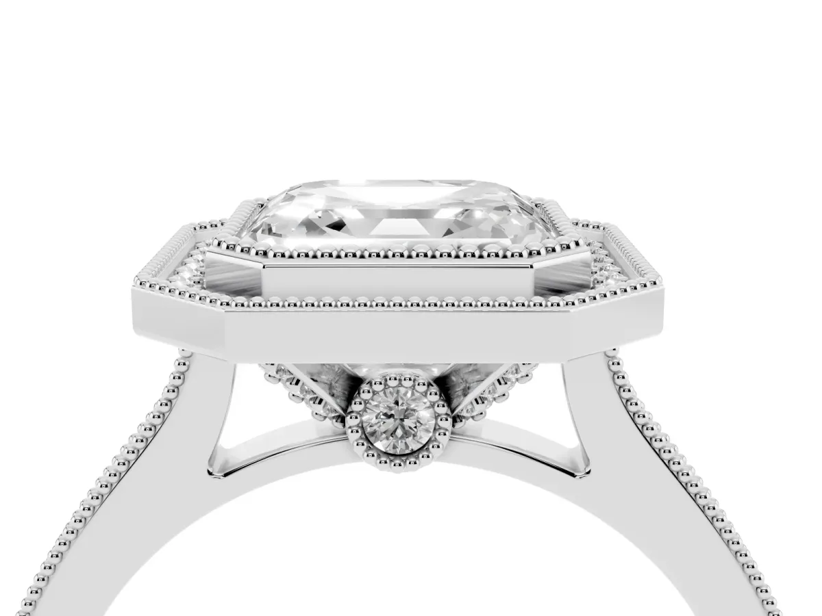 Halo Asscher Cut-Cut Diamond Pave Band Milgrain Prong Setting Ring Silver