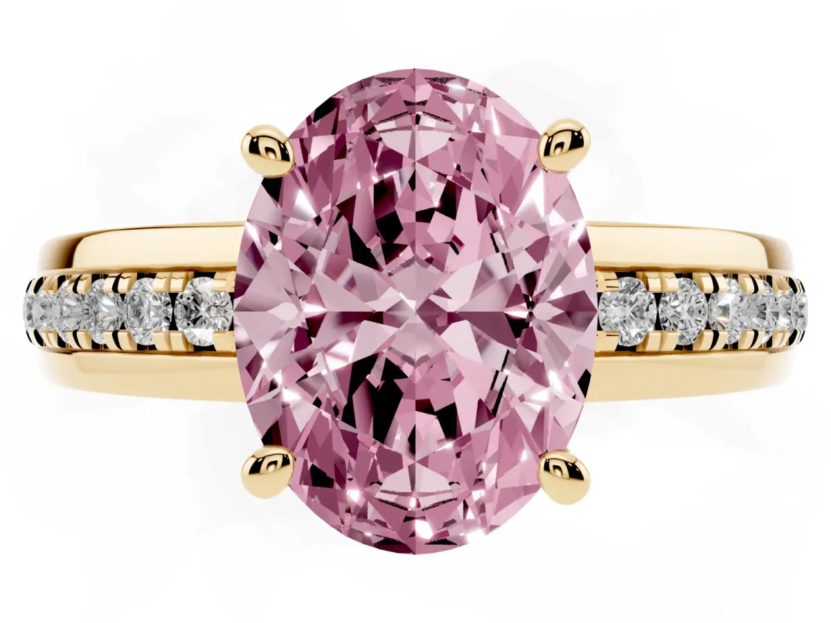 Fancy Pink Oval Cut Solitaire Diamond Ring with Channel Set Band and Six-Prong Setting Yellow gold