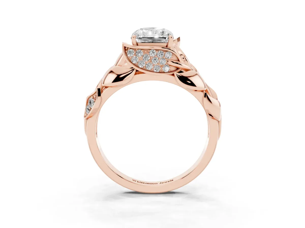 Radiant Cut Diamond Leaf-Inspired Engagement Ring with Round Accents and Prong Setting Rose gold