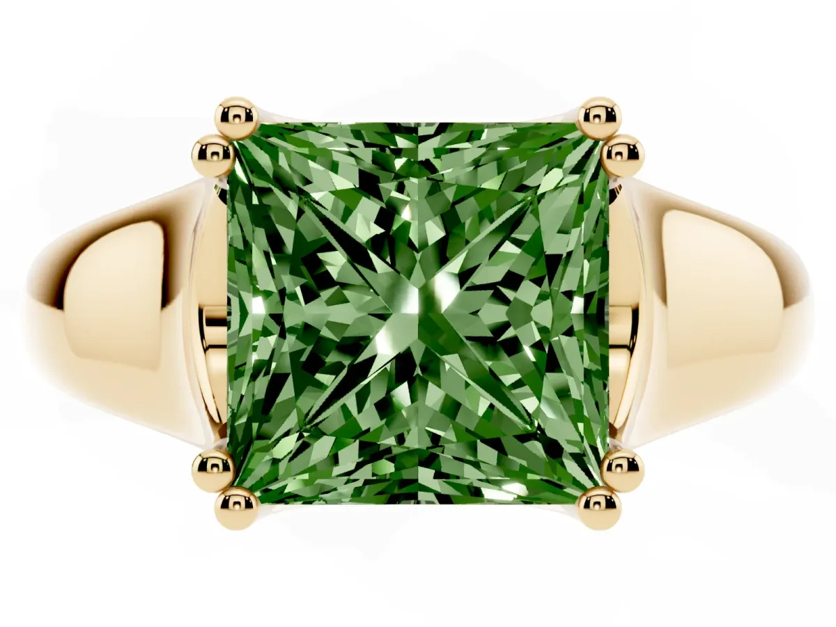 Fancy Green Princess Cut Diamond Solitaire Ring with Wide Band and Prong Setting Yellow gold