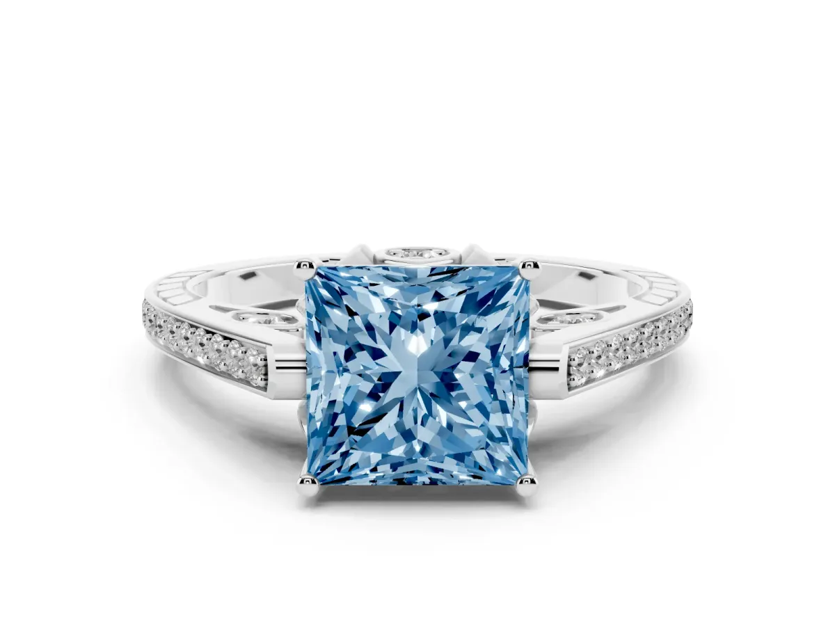 Fancy Blue Princess Cut Cut Cathedral Pave Diamond Engagement Ring with Six-Prong Setting Silver