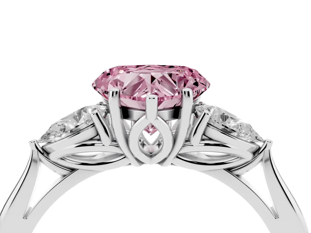 Fancy Pink Three-Stone Heart Cut Diamond Ring with Pear Side Stones in Four-Prong Setting Silver