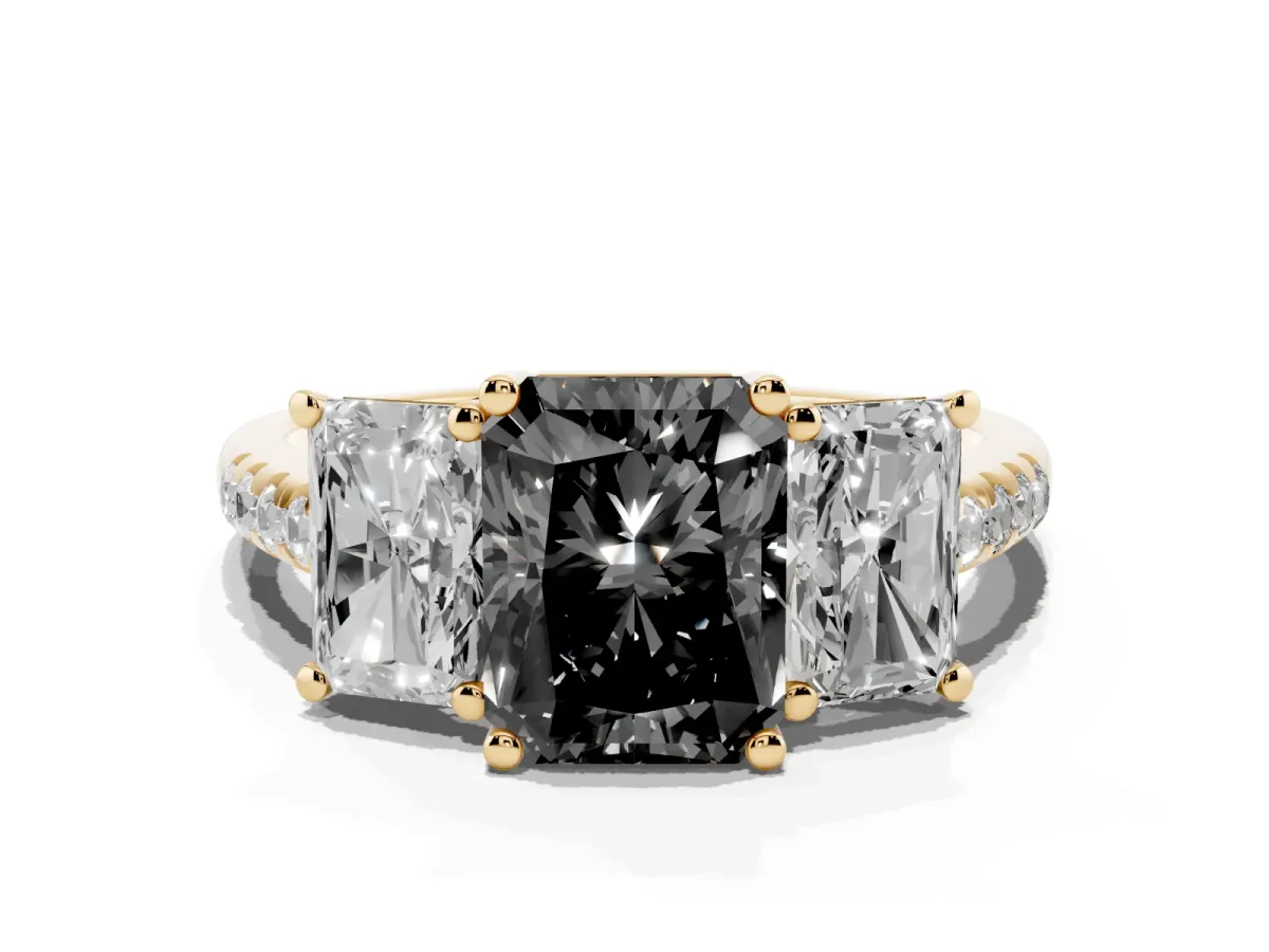 Fancy Black Three-Stone Radiant Cut Diamond Ring with Round Pavé Band and Prong Setting Yellow gold