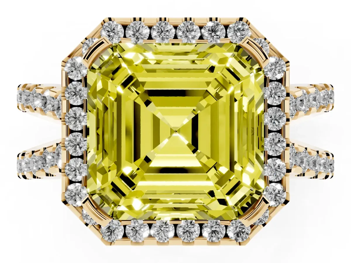 Fancy Yellow Asscher Cut Diamond Halo Ring with Split Shank Pavé Band and Prong Setting Yellow gold