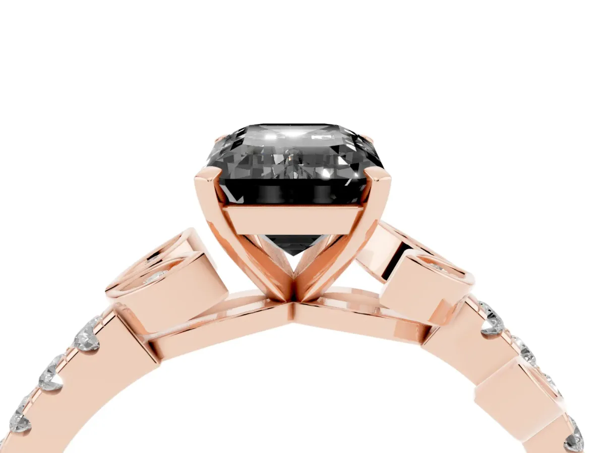 Fancy Black Emerald Cut Solitaire Leaf-Inspired Diamond Ring with Pavé Band and Four-Prong Setting Rose gold