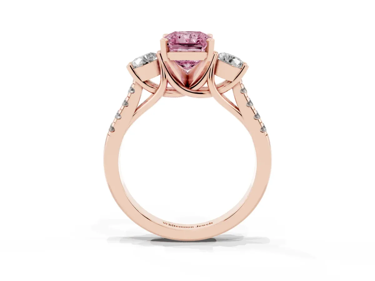 Fancy Pink Three-Stone Radiant Cut Diamond Pavé Band with Four-Prong Setting Rose gold