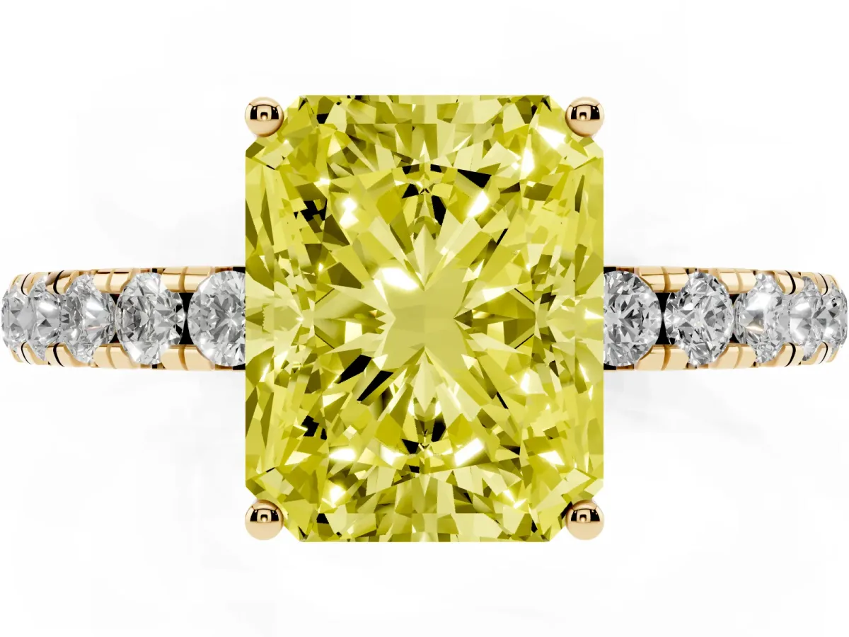 Fancy Yellow Radiant Cut Diamond Pavé Solitaire Engagement Ring with Four-Prong Setting Yellow gold