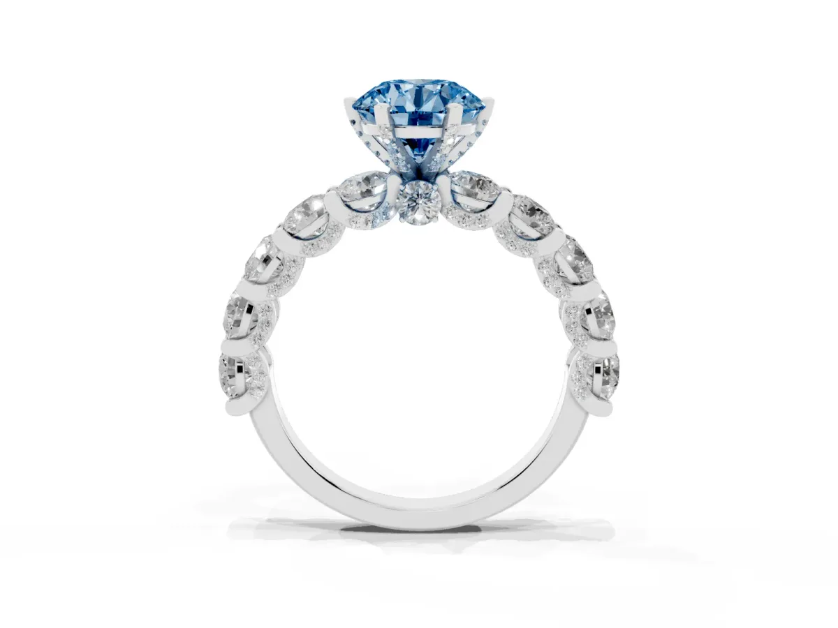 Fancy Blue Round Cut Diamond Side Stone Engagement Ring with Four-Prong Setting Silver