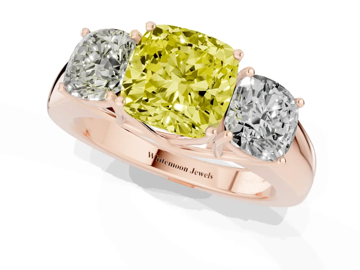 Fancy Yellow Three-Stone Cushion Cut Cut Diamond Ring with Prong Setting and Classic Band Rose gold