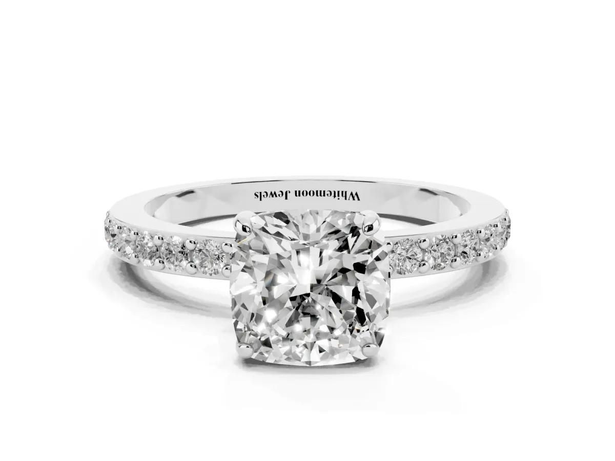 Cushion Cut Diamond Pavé Engagement Ring with Round Accents and Prong Setting Platinum