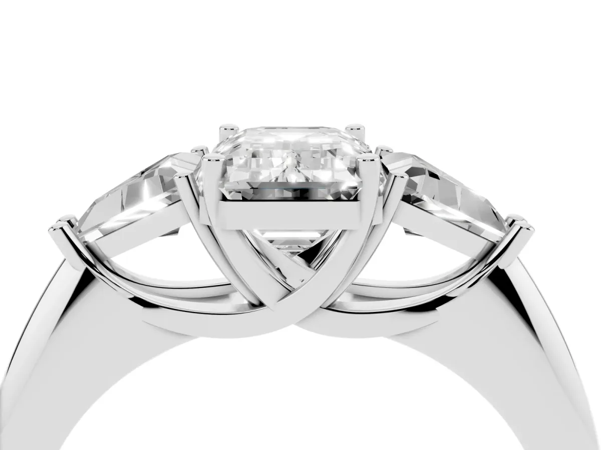 Three-Stone Emerald Cut Diamond Engagement Ring with Trillion Side Stones and Prong Setting Silver