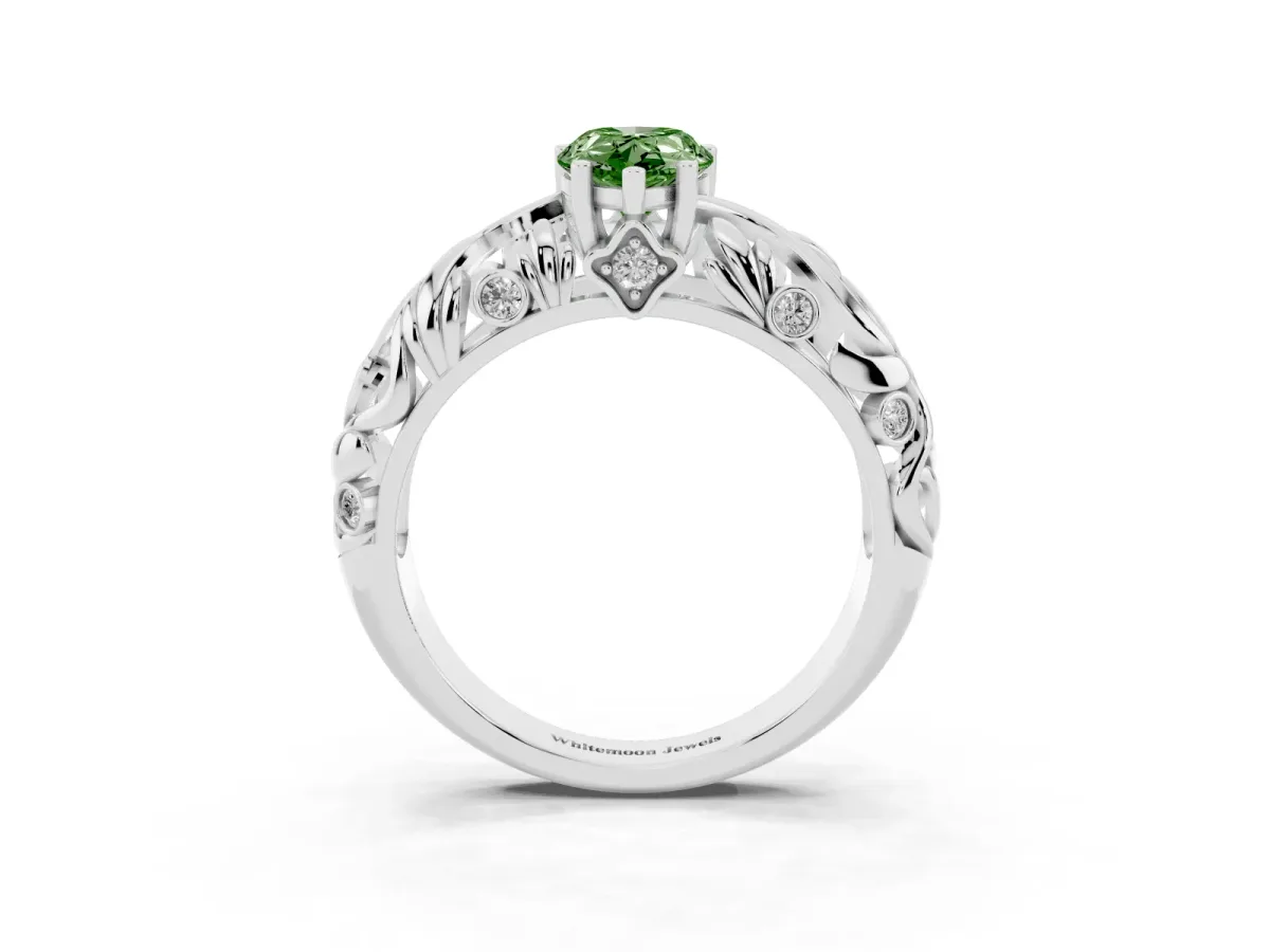 Fancy Green Pear Cut Solitaire Diamond Leaf-Inspired Vine Band Ring with Prong Setting Silver