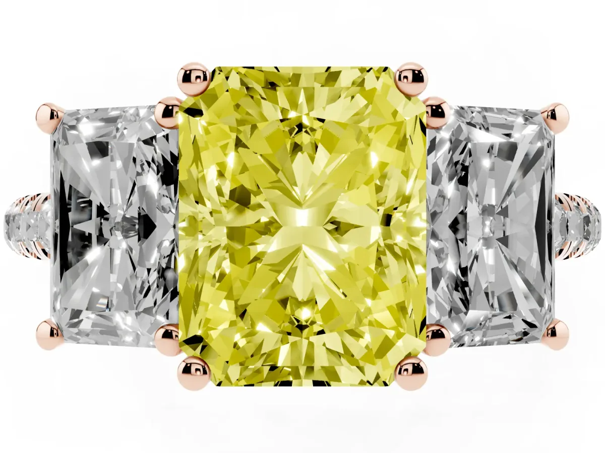 Fancy Yellow Three-Stone Radiant Cut Diamond Ring with Round Pavé Band and Prong Setting Rose gold