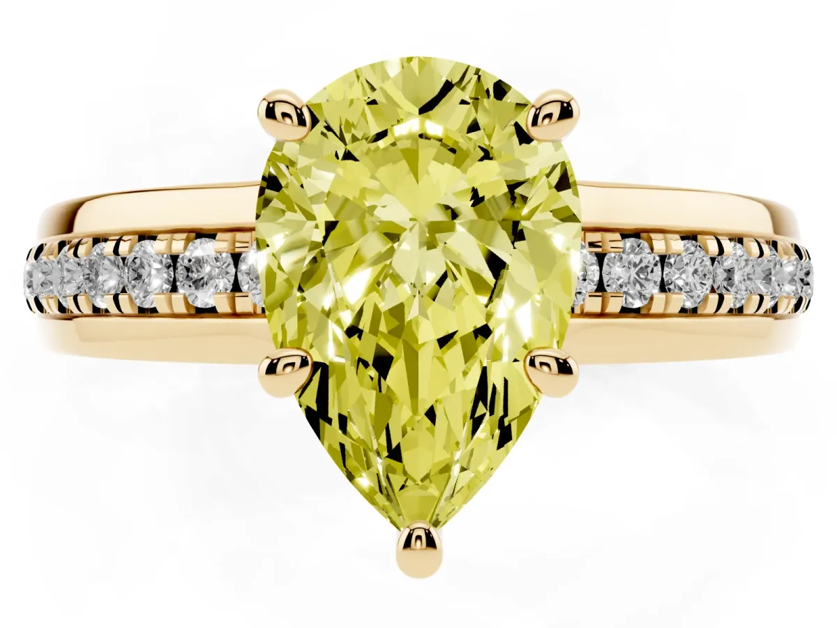 Fancy Yellow Pear Cut Solitaire Diamond Ring with Channel Set Band and Six-Prong Setting Yellow gold