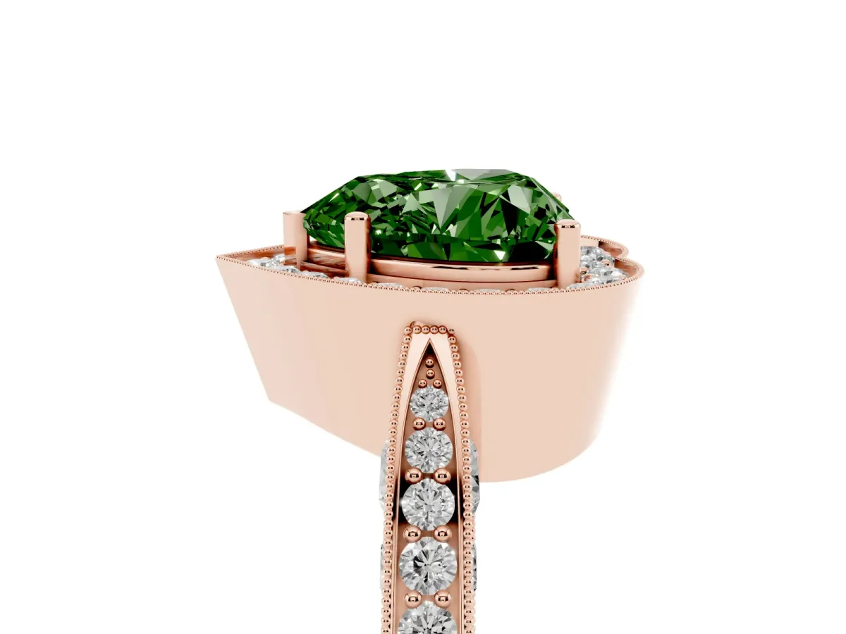 Fancy Green Heart Cut Halo Diamond Engagement Ring with Split Shank Band and Four-Prong Setting Rose gold