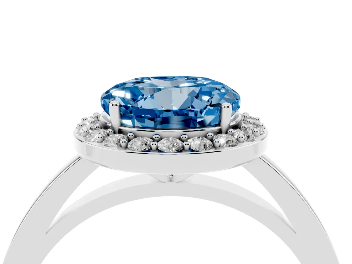 Fancy Blue Round Cut Halo Diamond Ring with Solitaire Band and Prong Setting Silver
