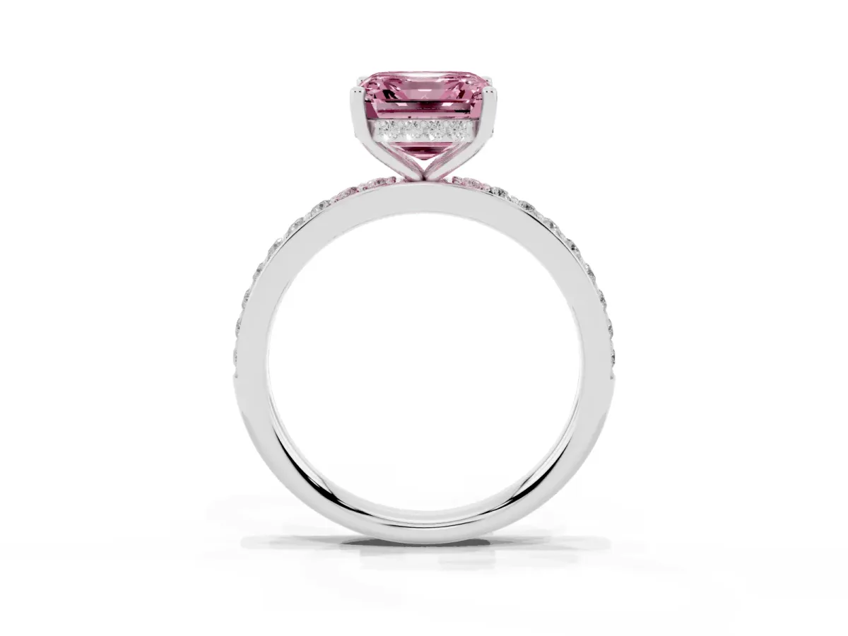 Fancy Pink Asscher Cut Cut Diamond Pavé Band Ring with Four-Prong Setting Platinum