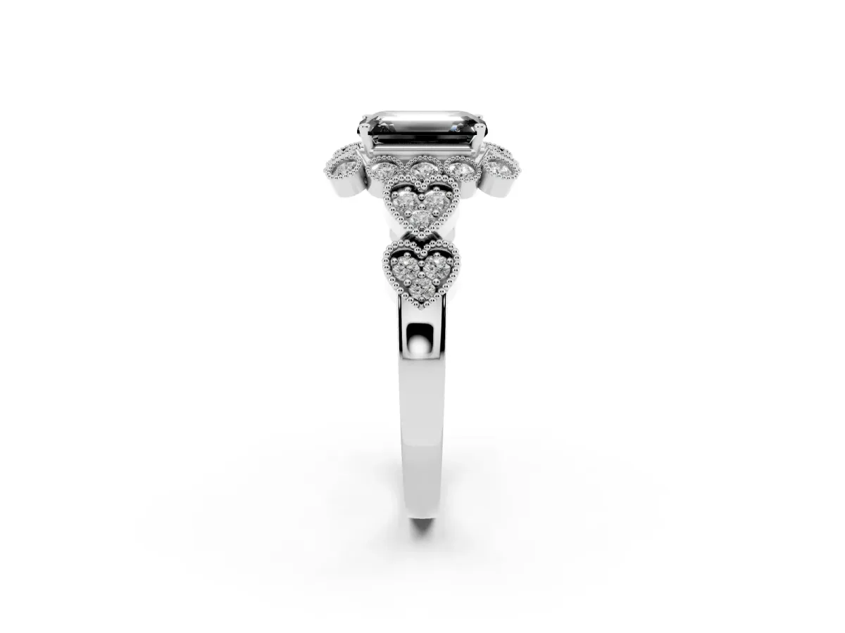 Fancy Black Emerald Cut Brilliant Milgrain Pave Heart Band Solitaire Ring Silver