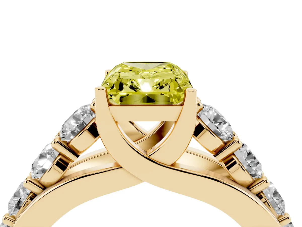 Fancy Yellow Radiant Cut Diamond Engagement Ring with Pavé Band and Four-Prong Setting Yellow gold