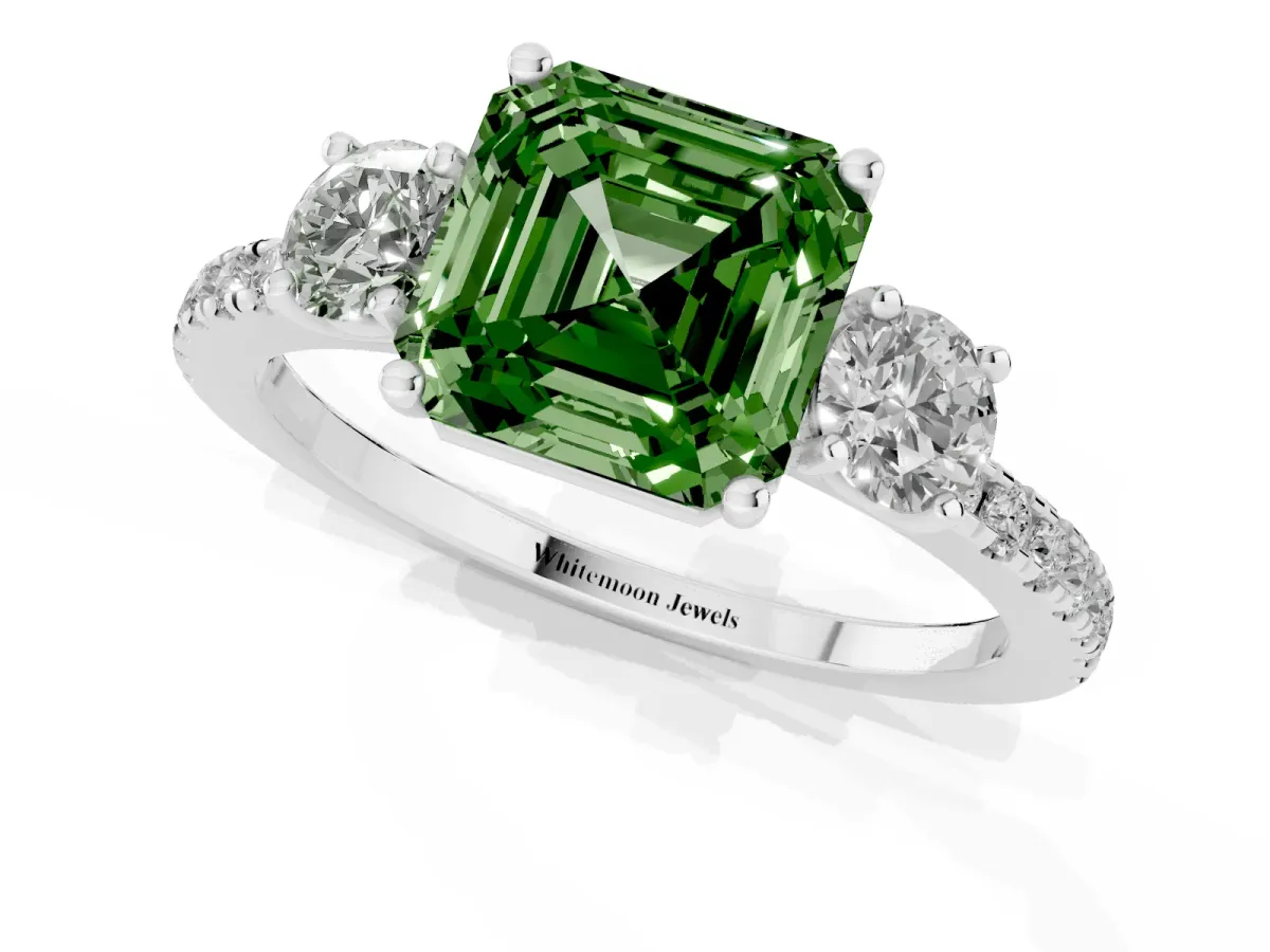 Fancy Green Three-Stone Asscher Cut Cut Diamond Pavé Band with Prong Setting Silver