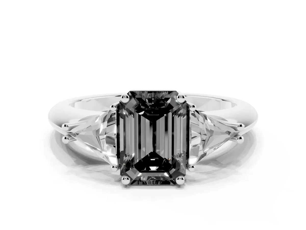 Fancy Black Three-Stone Emerald Cut Diamond Engagement Ring with Trillion Side Stones and Prong Setting Silver