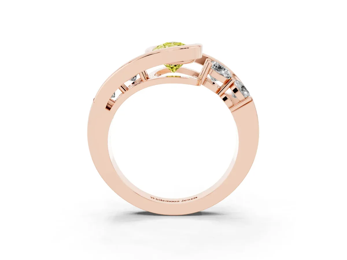 Fancy Yellow Bezel Set Pear Cut Diamond Bypass Ring with Round Accents Rose gold
